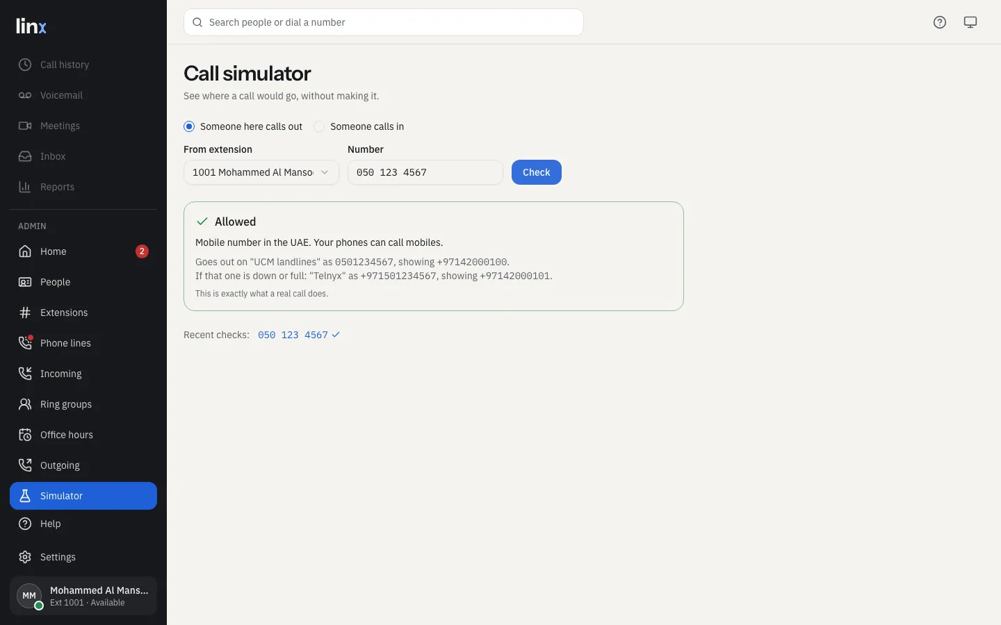 A call the simulator allowed